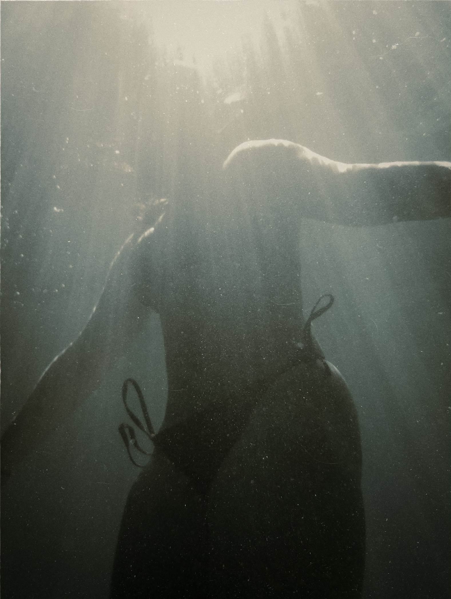 A girl swimming underwater, silhouetted against sun rays from above